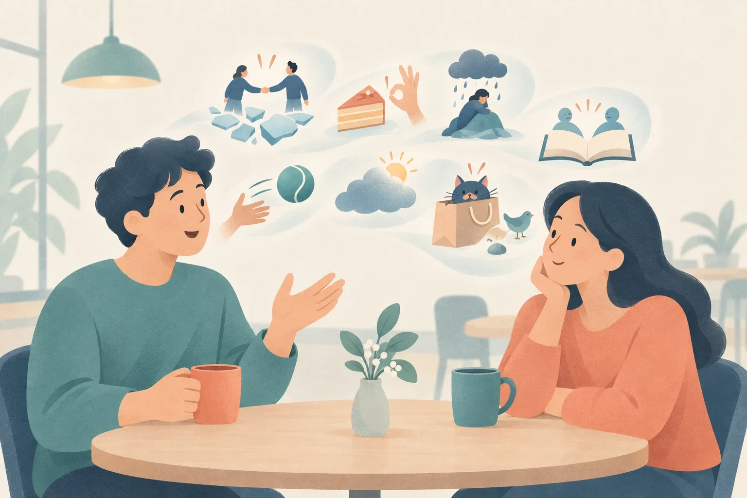 A man and a woman talk at a cafe table, surrounded by thought bubbles illustrating common English idioms including breaking the ice, a piece of cake, and letting the cat out of the bag.