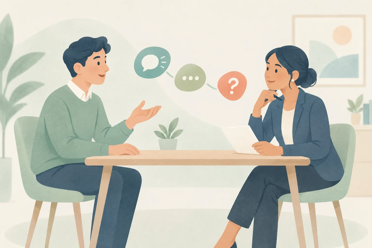 An editorial illustration of a job interview where a candidate gestures while speaking to an interviewer, with icons for speech, pause, and clarification.