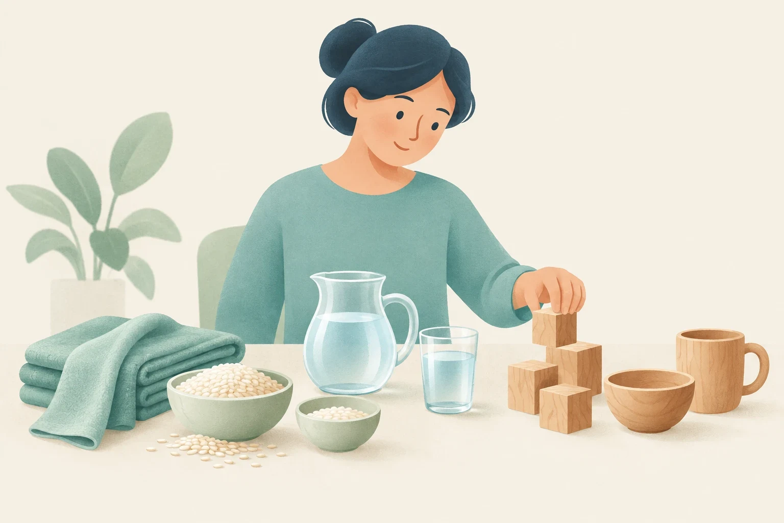 A woman sits at a table with folded fabric, bowls of grains, a glass pitcher of water, and wooden objects.