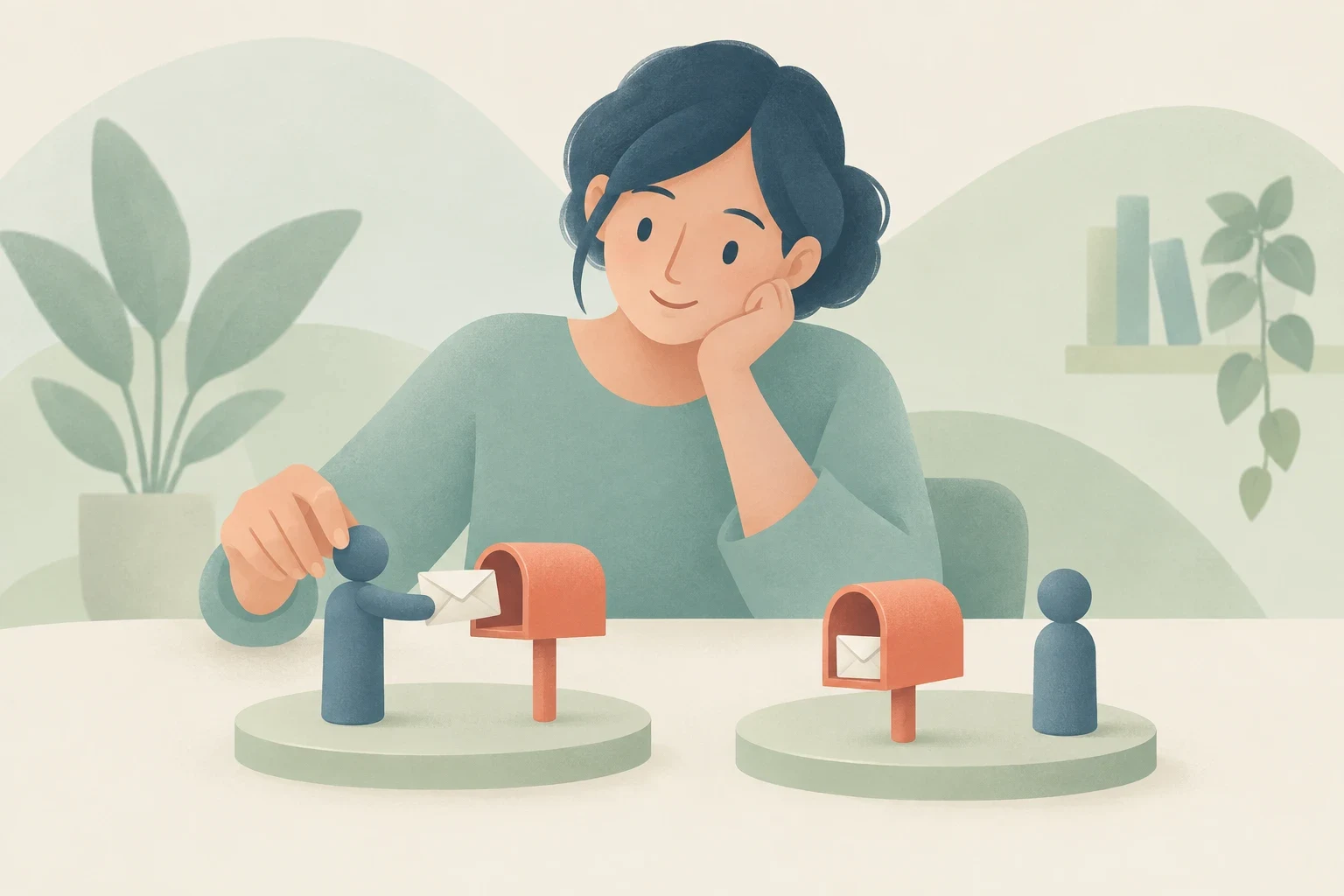 An editorial illustration of a woman looking at two miniature displays with mailboxes and wooden figures demonstrating active and passive actions.