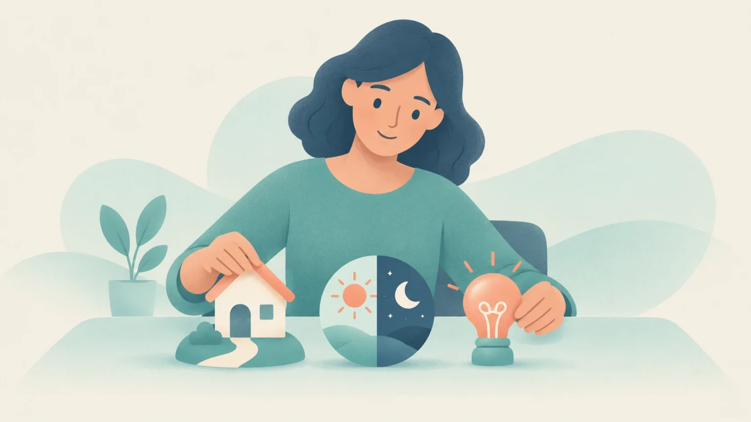 An editorial illustration of a woman at a desk with three symbols: a house for place, a sun and moon disc for time, and a glowing lightbulb for reason.