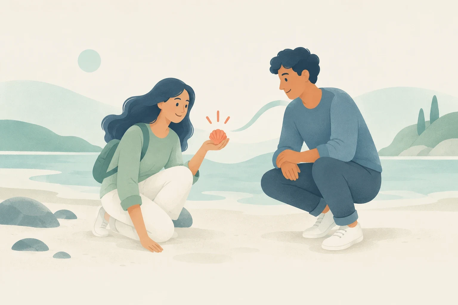 Two people crouch on a beach, smiling at an orange seashell held by one of them, with calm water and soft green hills behind them.