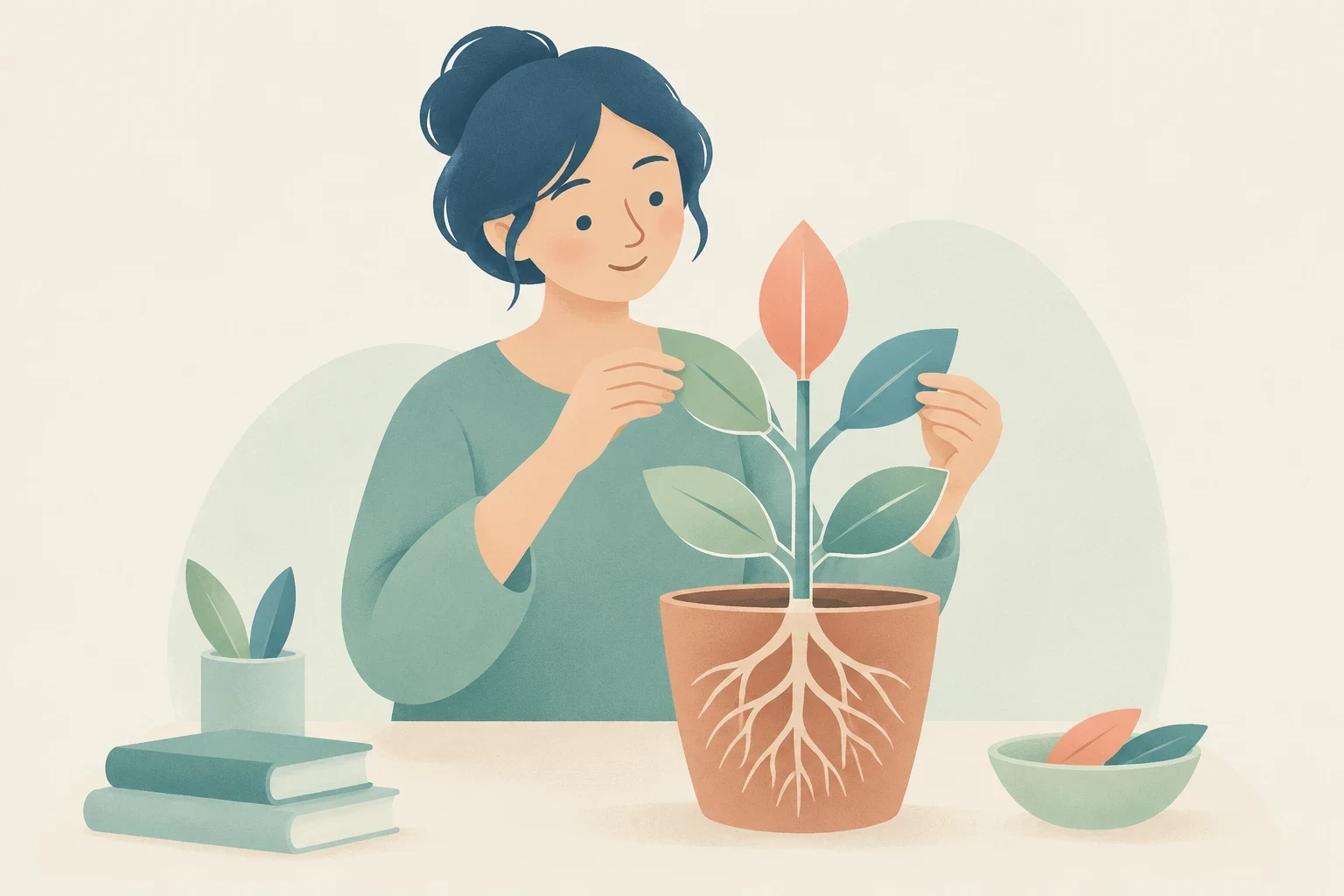 An editorial illustration of a woman assembling colorful modular leaves onto a stylized potted plant with visible root structures on a desk.