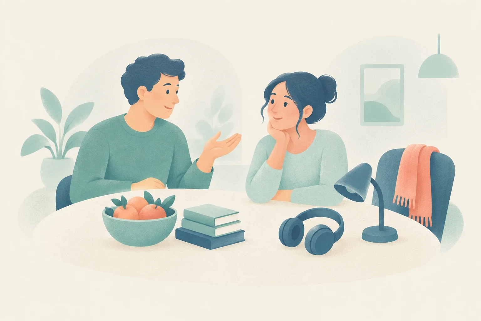 An editorial illustration of a man and woman conversing at a round table with a bowl of oranges, stacked books, headphones, and an unlit desk lamp.