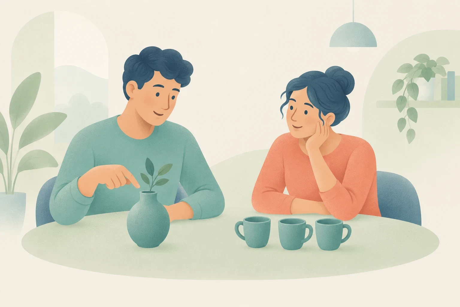 An editorial illustration of a man pointing to a single vase and a woman seated near three cups at a round table.