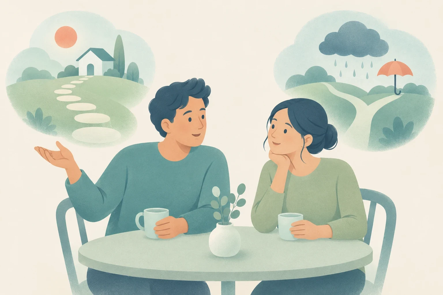 Editorial illustration of a man and woman at a table with thought bubbles showing a clear sunny path to a house and a stormy fork in the road with an umbrella.