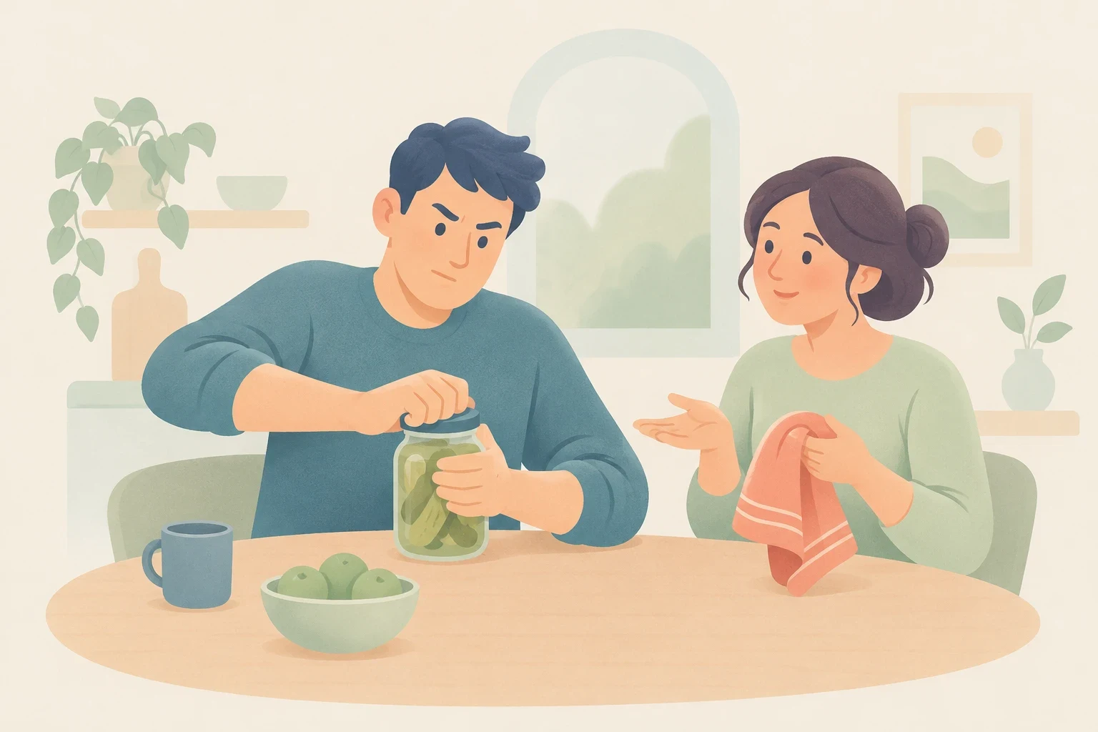 An editorial illustration of a man stubbornly trying to open a tight jar of pickles at a table while a woman offers him a cloth to help.