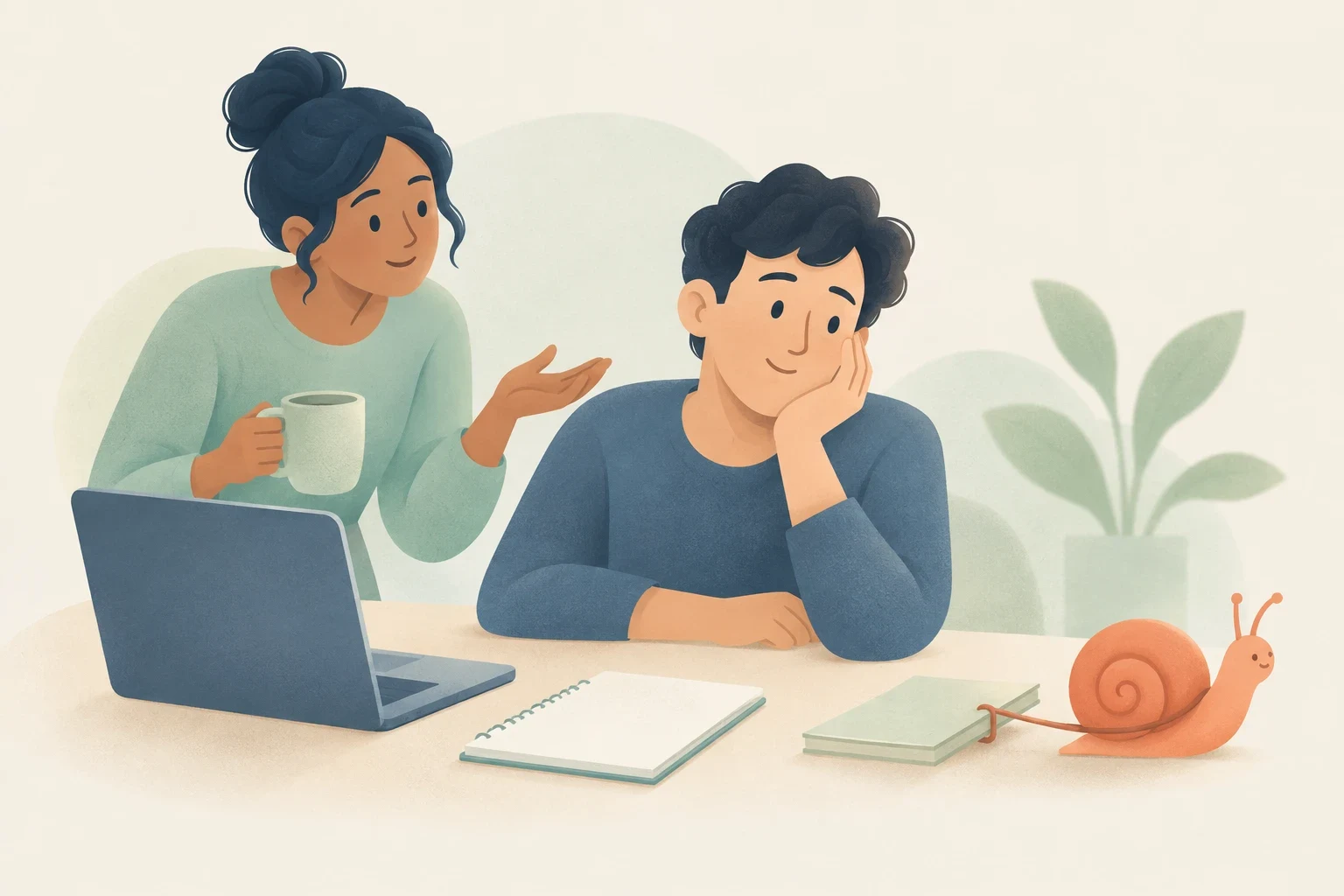 An editorial illustration of a man daydreaming at a desk with an open laptop while a snail slowly pulls a notebook.