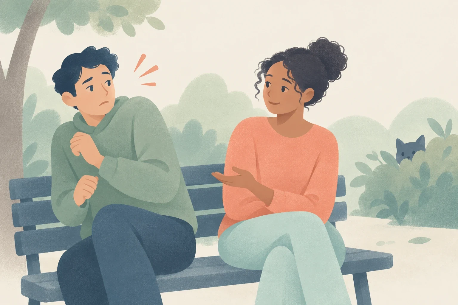 Editorial illustration of an anxious man looking back while sitting next to a calm woman on a park bench as a cat peeks from bushes.