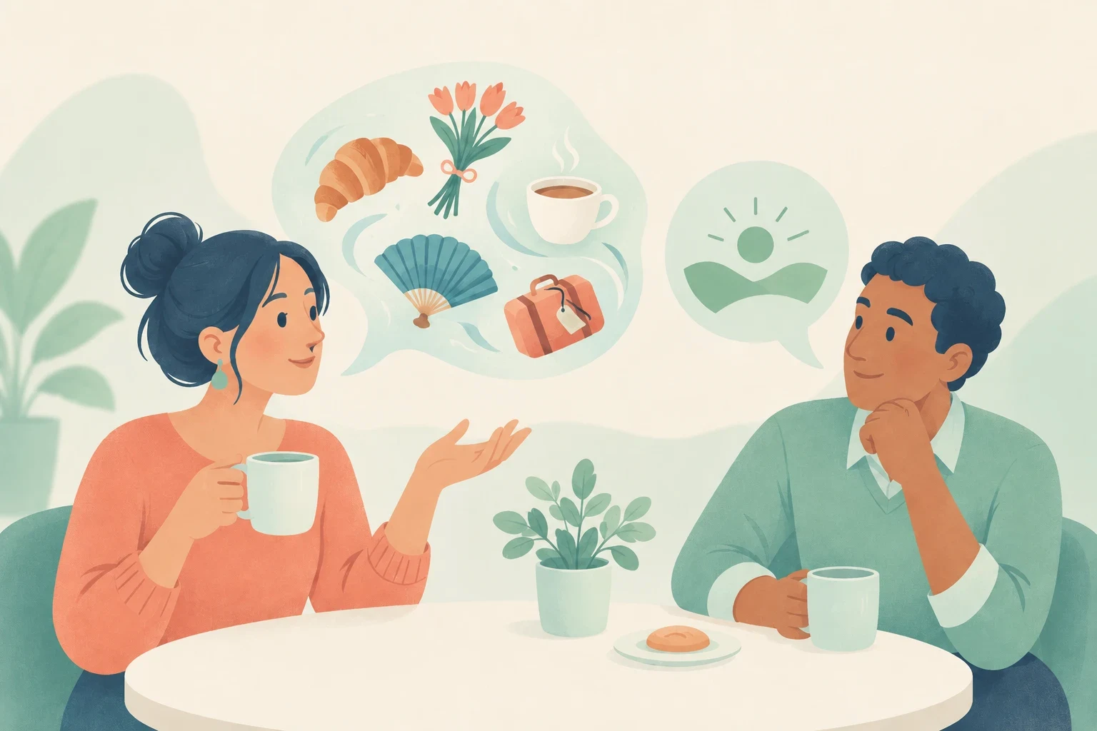 Editorial illustration of a woman and man conversing at a cafe table, with speech bubbles showing foreign loan items and a rising sun icon.