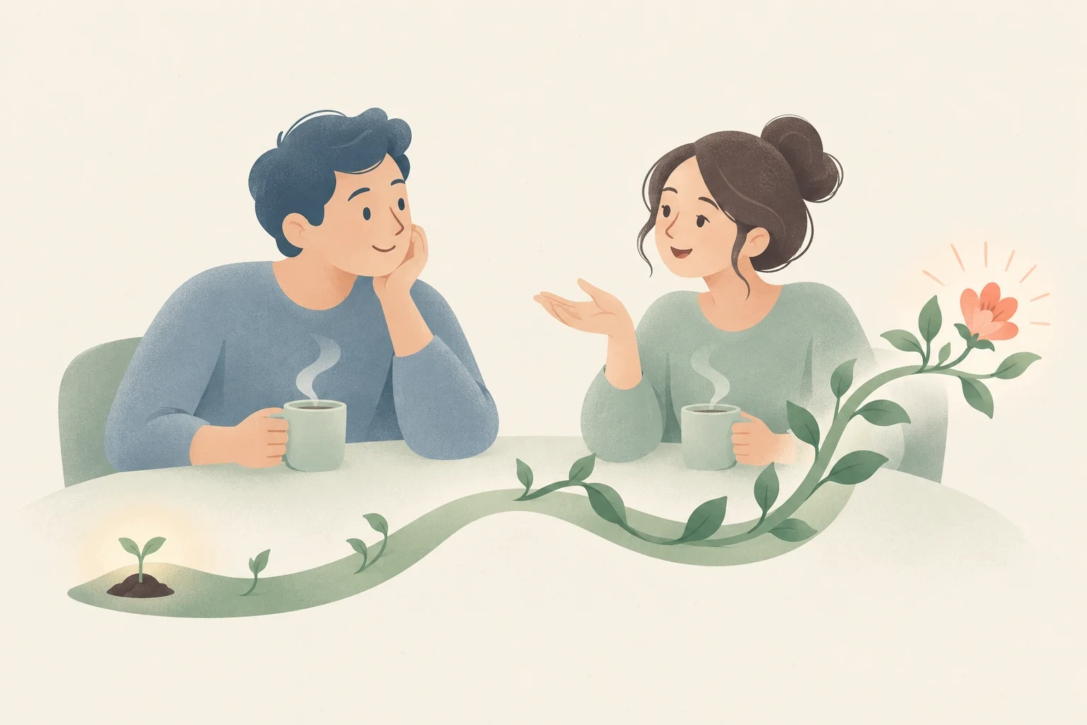 An editorial illustration of a man and a woman talking over warm drinks at a table, beside a vine growing from a small sprout to a blooming flower.