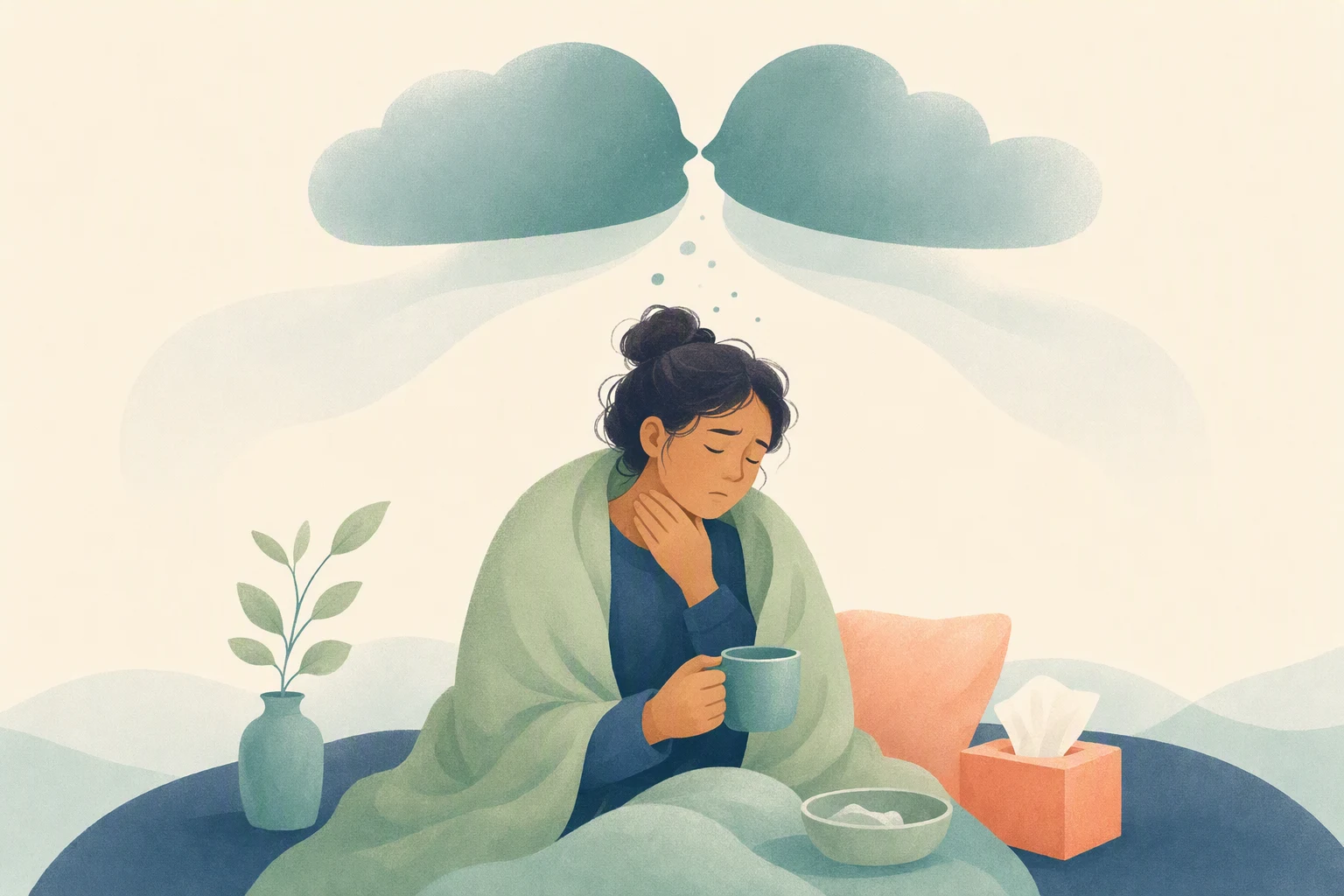 A tired woman wrapped in a blanket touches her throat while holding a mug, with tissues nearby and cloud shapes overhead.