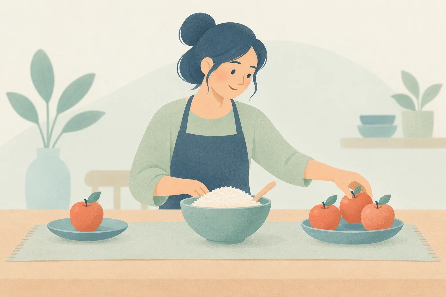 A woman in an apron reaches toward three apples on a plate, beside a bowl of rice and a single apple on another plate.