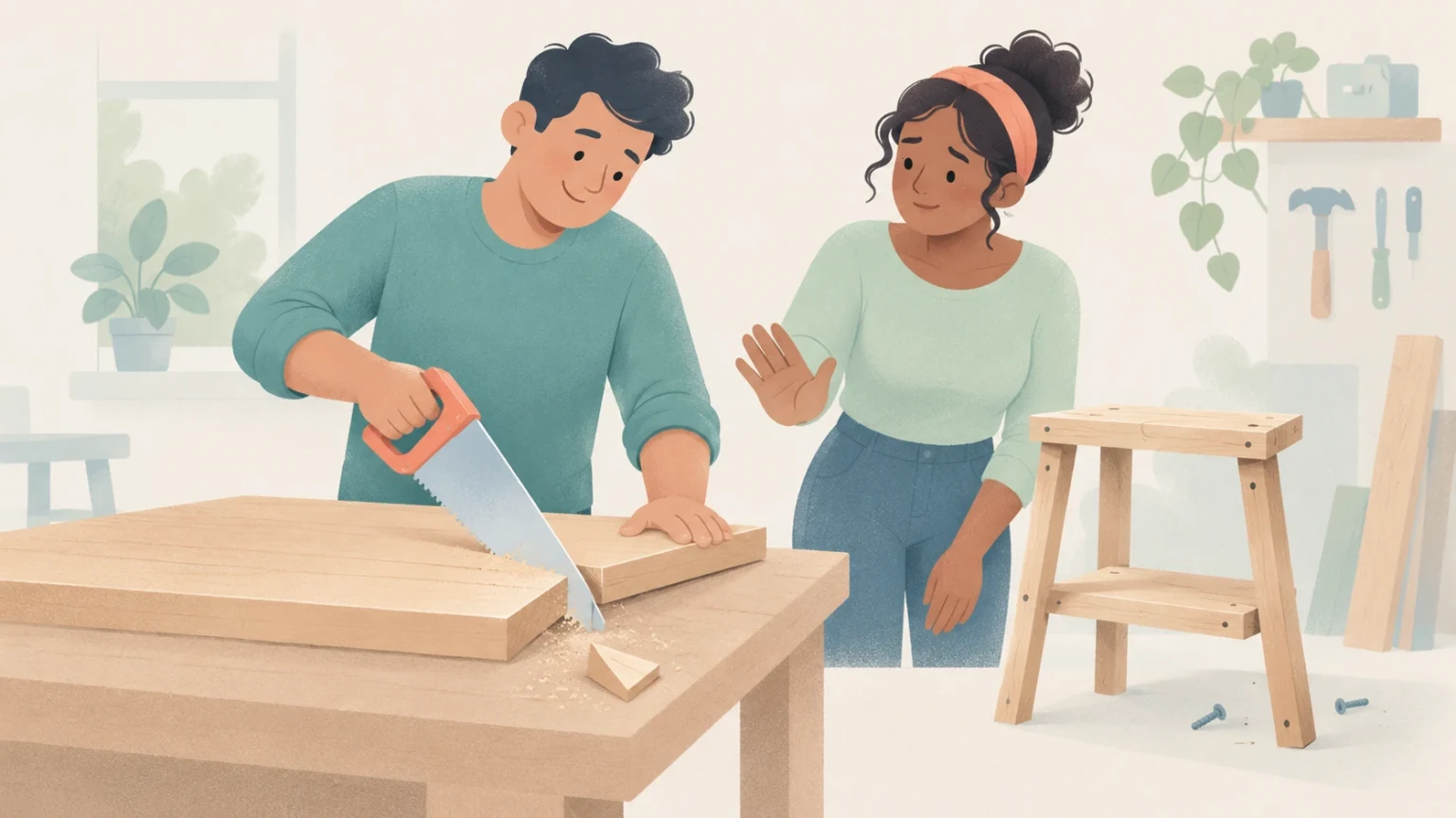 A man uses a hand saw to cut a corner off a wooden board at a workbench while a woman raises her hand to caution him.