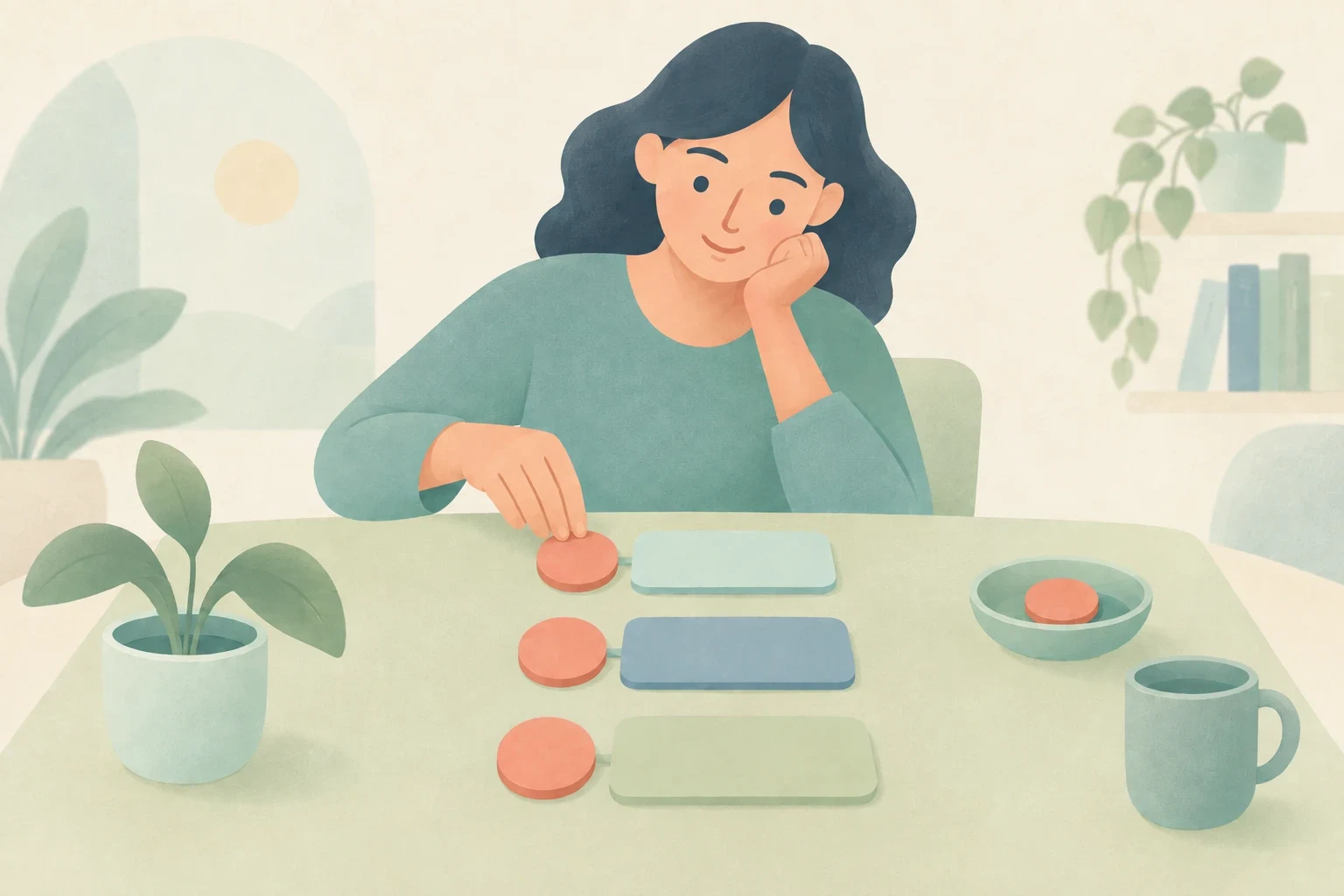 An editorial illustration of a woman sitting at a table thoughtfully arranging circular tokens and rectangular cards into three pattern rows.