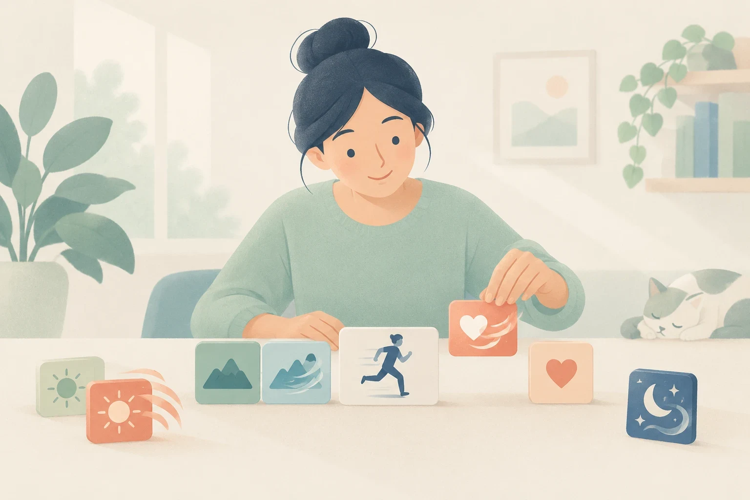 An editorial illustration of a woman sitting at a desk and arranging cards that depict actions and descriptive adverb symbols.