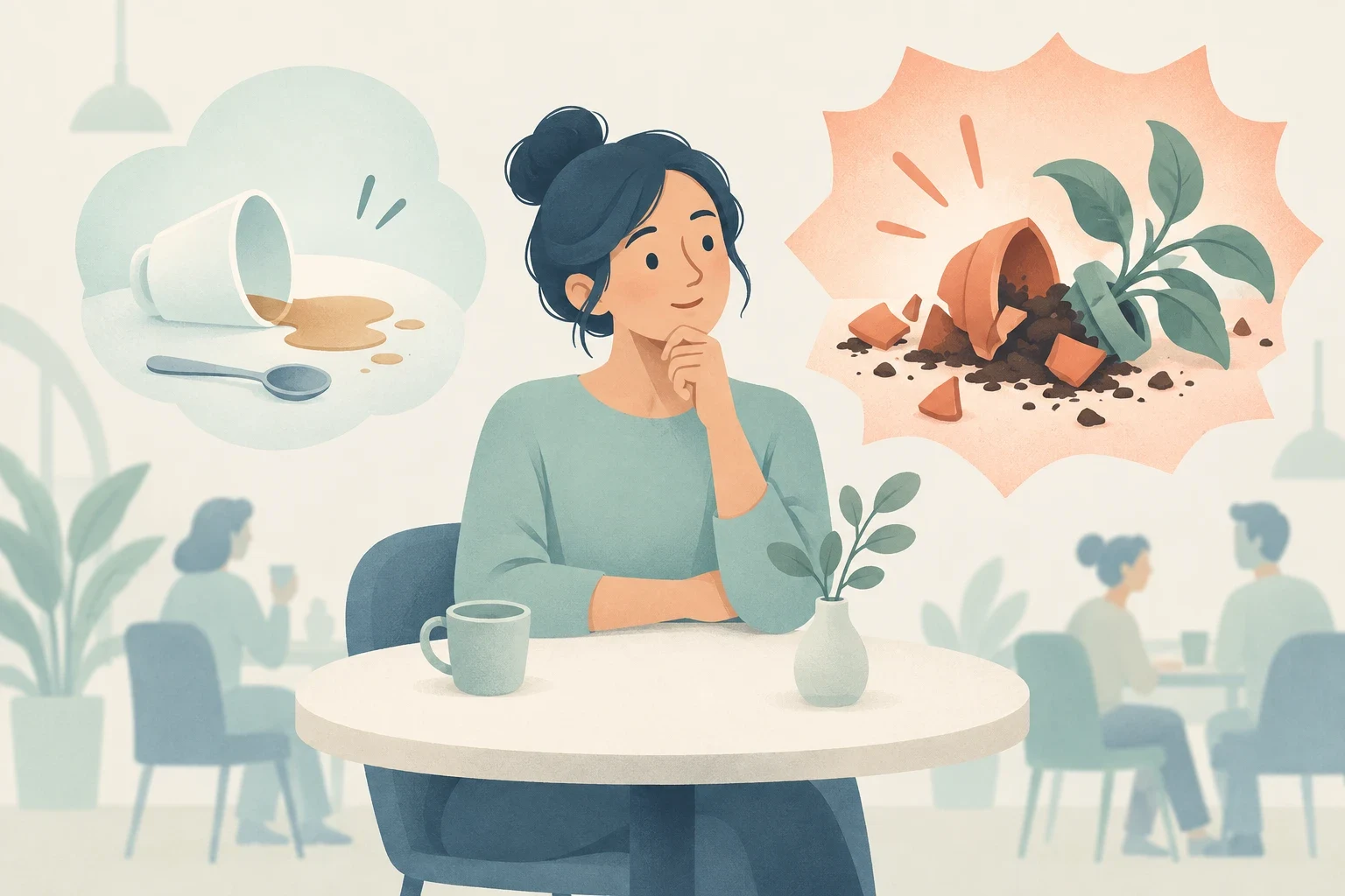 Illustration of a woman at a cafe table thoughtfully contemplating everyday mishaps, showing thought bubbles with a spilled cup and a broken potted plant.