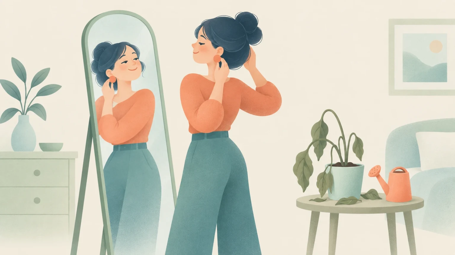 A woman admires her reflection in a standing mirror while putting on earrings, oblivious to a wilting houseplant nearby.