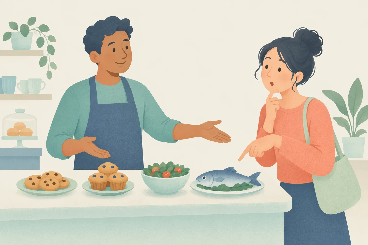 A shopkeeper gestures toward food options on a counter while a surprised customer points at a whole raw fish.