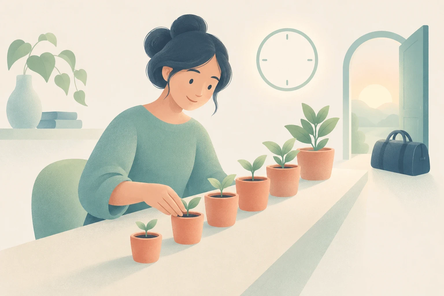 A woman tending to a row of potted plants showing stages of growth on a long table, with a wall clock and a packed bag by an open doorway.