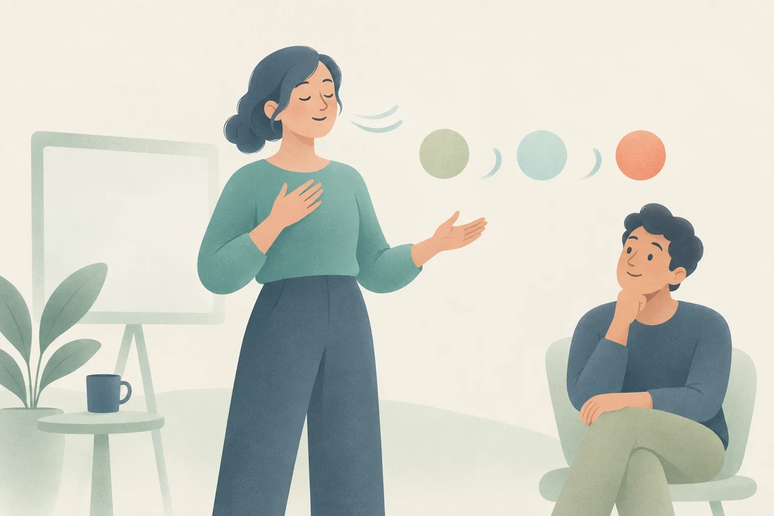 An editorial illustration of a woman taking a calm breath with hand on chest during a presentation before an attentive seated listener.