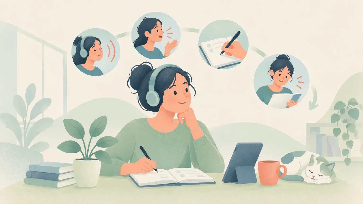 An editorial illustration of a woman studying at a desk with headphones, notebook, and tablet, with circular insets illustrating listening, speaking, writing, and reviewing.