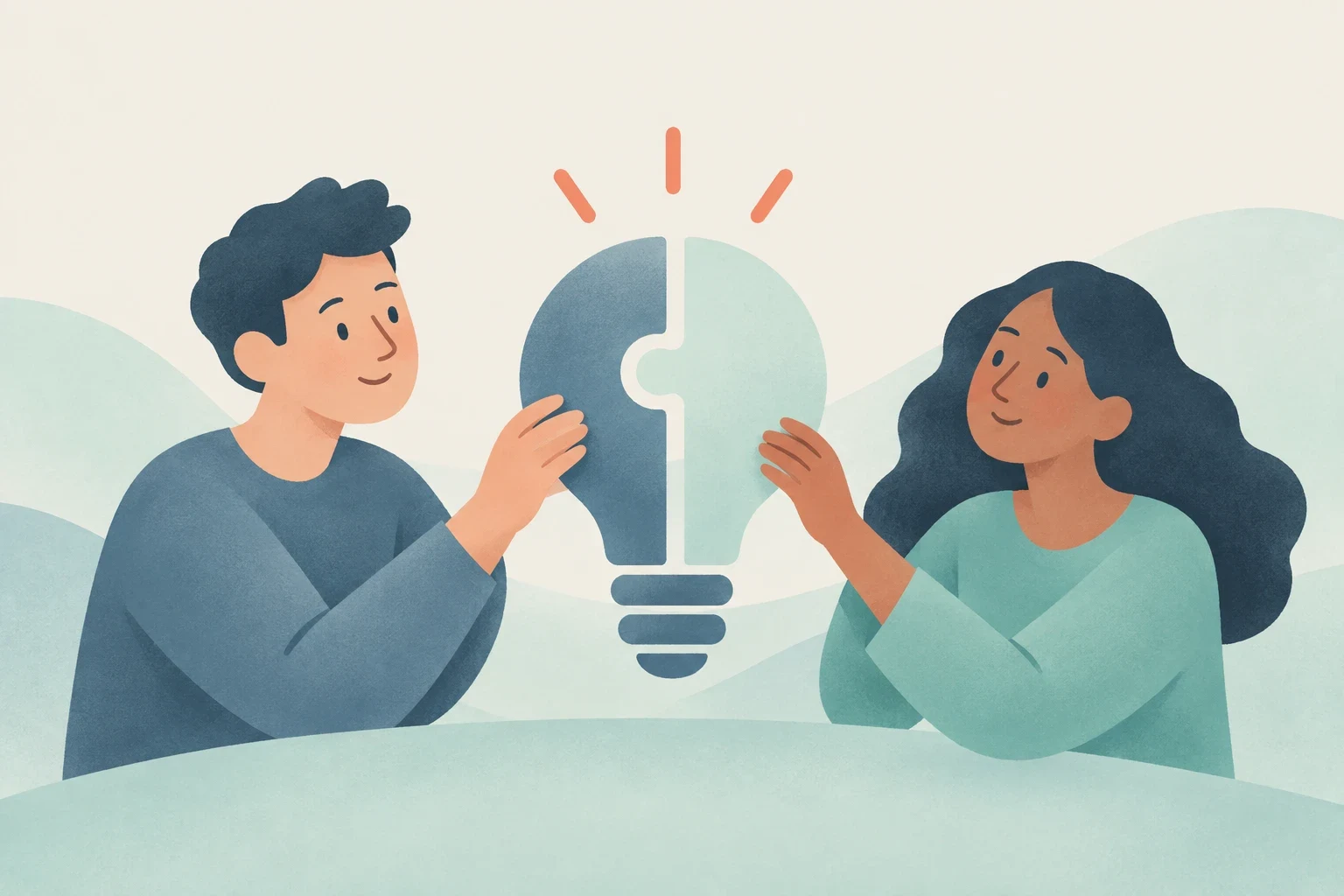 Two people fit complementary puzzle pieces into a light bulb, symbolizing collaboration and coming up with an idea.