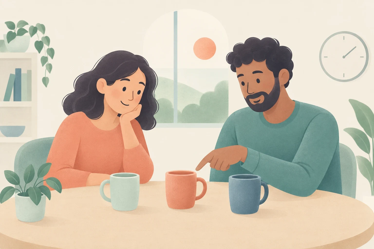 A man points toward a specific orange mug among three cups on a table while talking with a woman sitting opposite him.