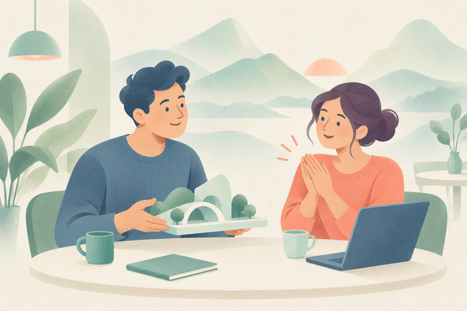 An editorial illustration of a woman smiling and clapping enthusiastically as a colleague presents an architectural model.