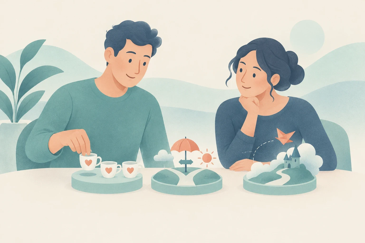 An editorial illustration of two people at a table examining three miniature dioramas that represent daily routines, future choices, and an imagined fantasy realm.