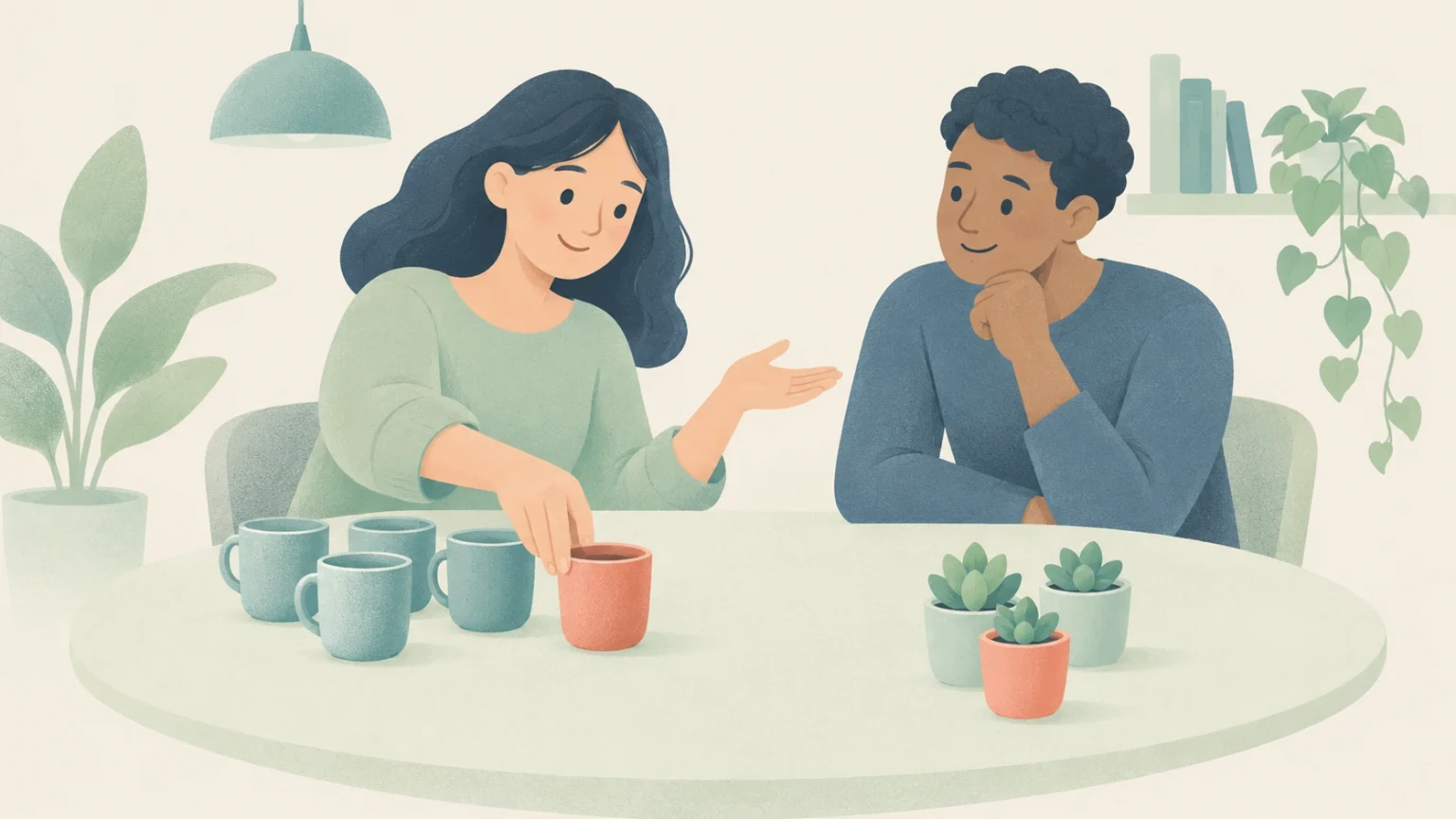 Editorial illustration of a woman selecting a terracotta mug from a cluster of blue mugs at a table with a companion.
