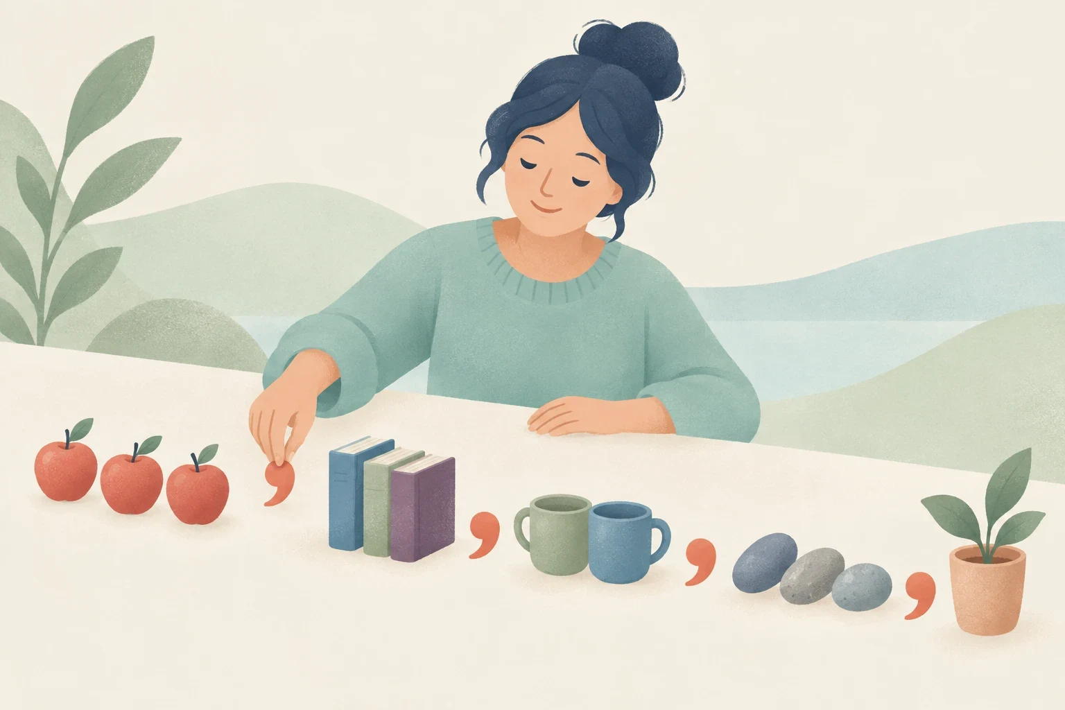 An editorial illustration of a woman placing comma-shaped tokens between groups of items on a table, including apples, books, mugs, and stones.