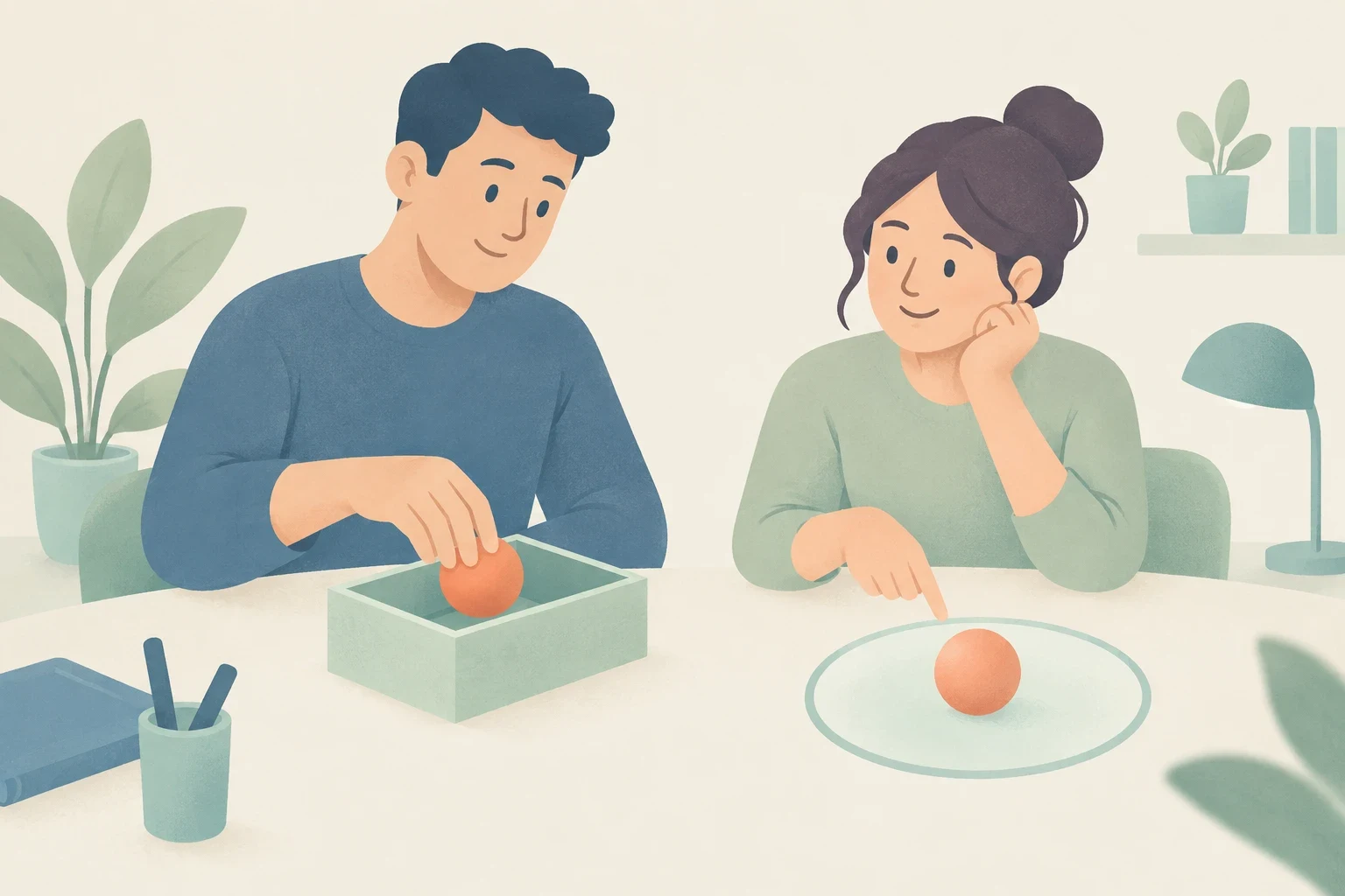 An editorial illustration of a man placing a ball into a box and a woman pointing to a ball within a circle on a table.