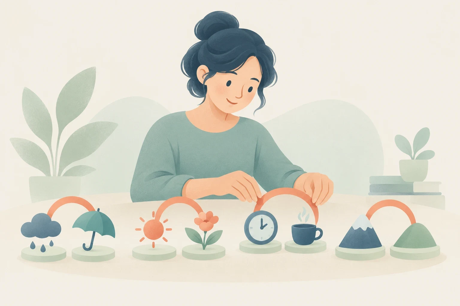 Editorial illustration of a woman at a table placing curved arches to link pairs of related concept icons.