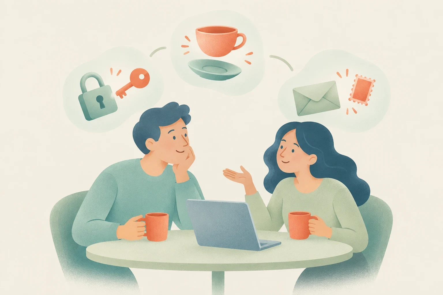 An editorial illustration of two colleagues conversing at a cafe table with a laptop, with floating icons above showing paired objects: a lock and key, a cup and saucer, and an envelope and stamp.