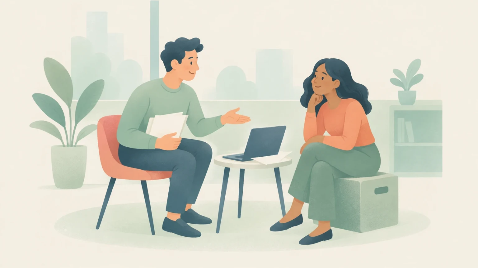 An editorial illustration of two colleagues having an ad hoc meeting in an office, one sitting on a chair and the other on a storage box by a laptop.