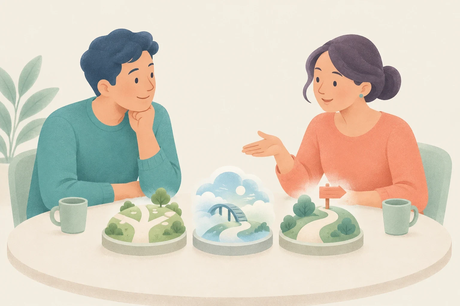 A man and a woman sit at a table discussing three dioramas representing a branching path, a bridge in the clouds, and a path with a signpost.
