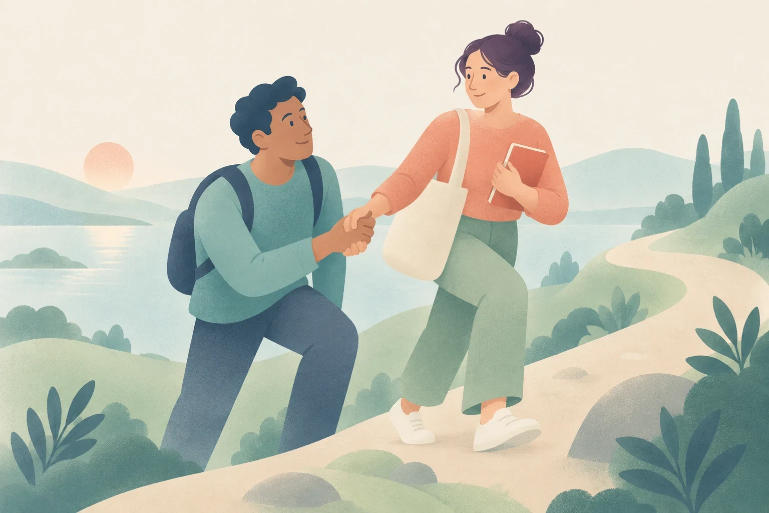 A woman holding a book helps a backpacked man climb a hillside path, illustrating dependable support against a soft landscape of water and hills.