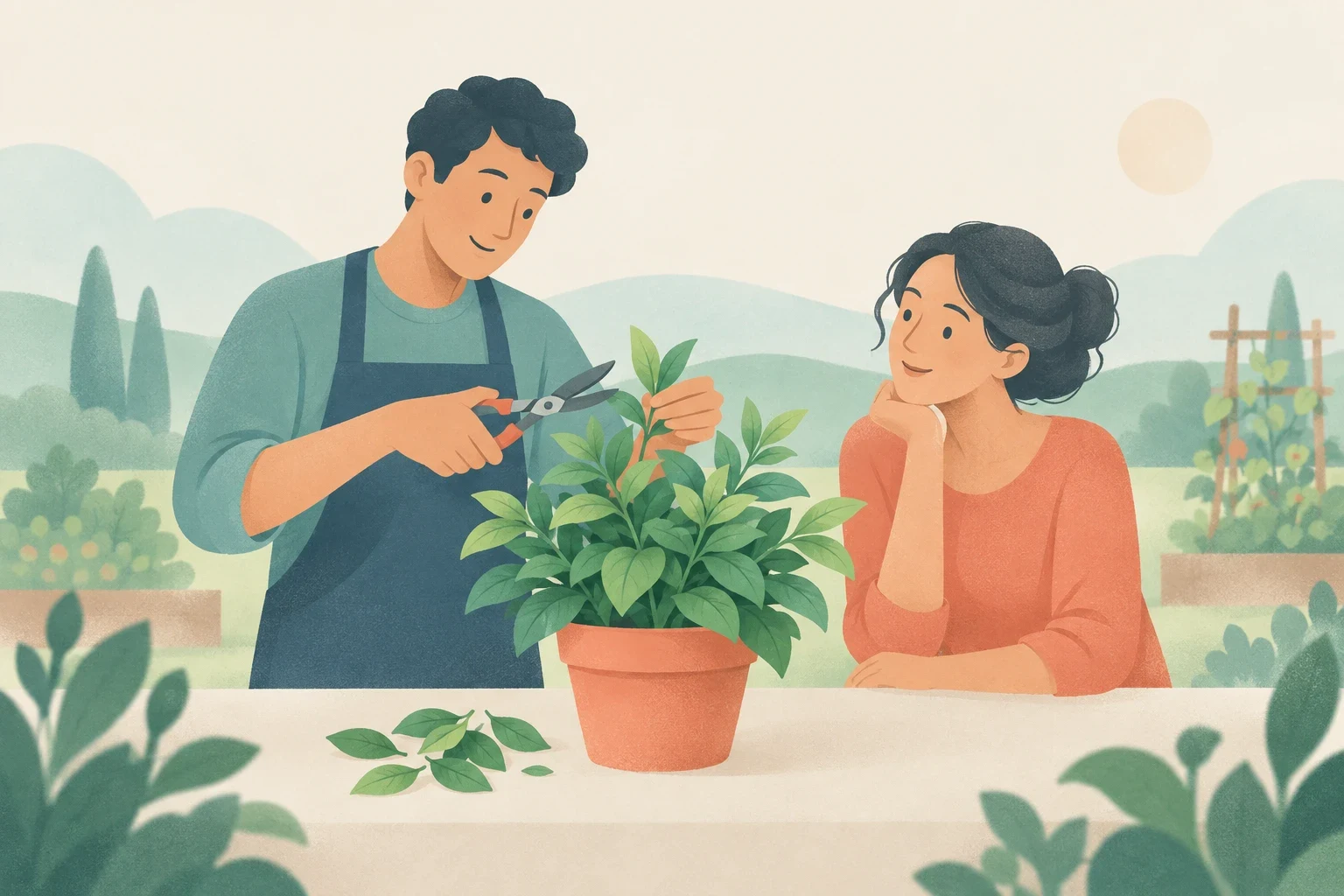 An editorial illustration of a man in an apron pruning a potted plant with shears while a woman watches thoughtfully in an outdoor garden.