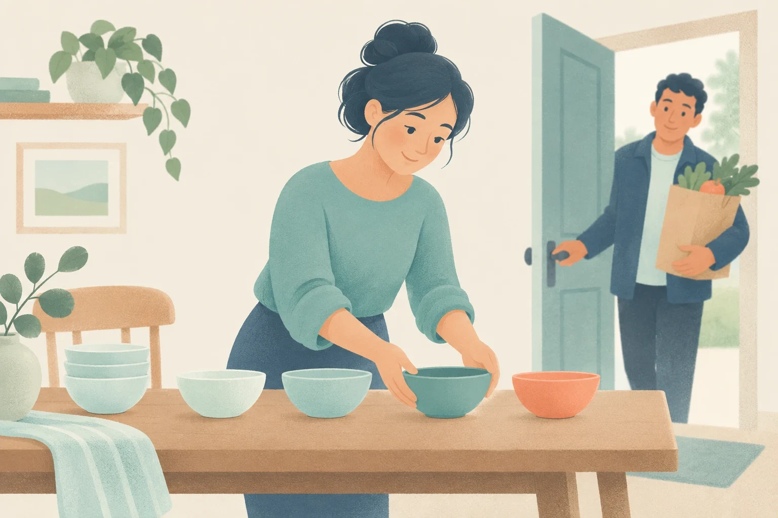 A woman sets bowls on a wooden dining table as a man carrying a grocery bag arrives home.