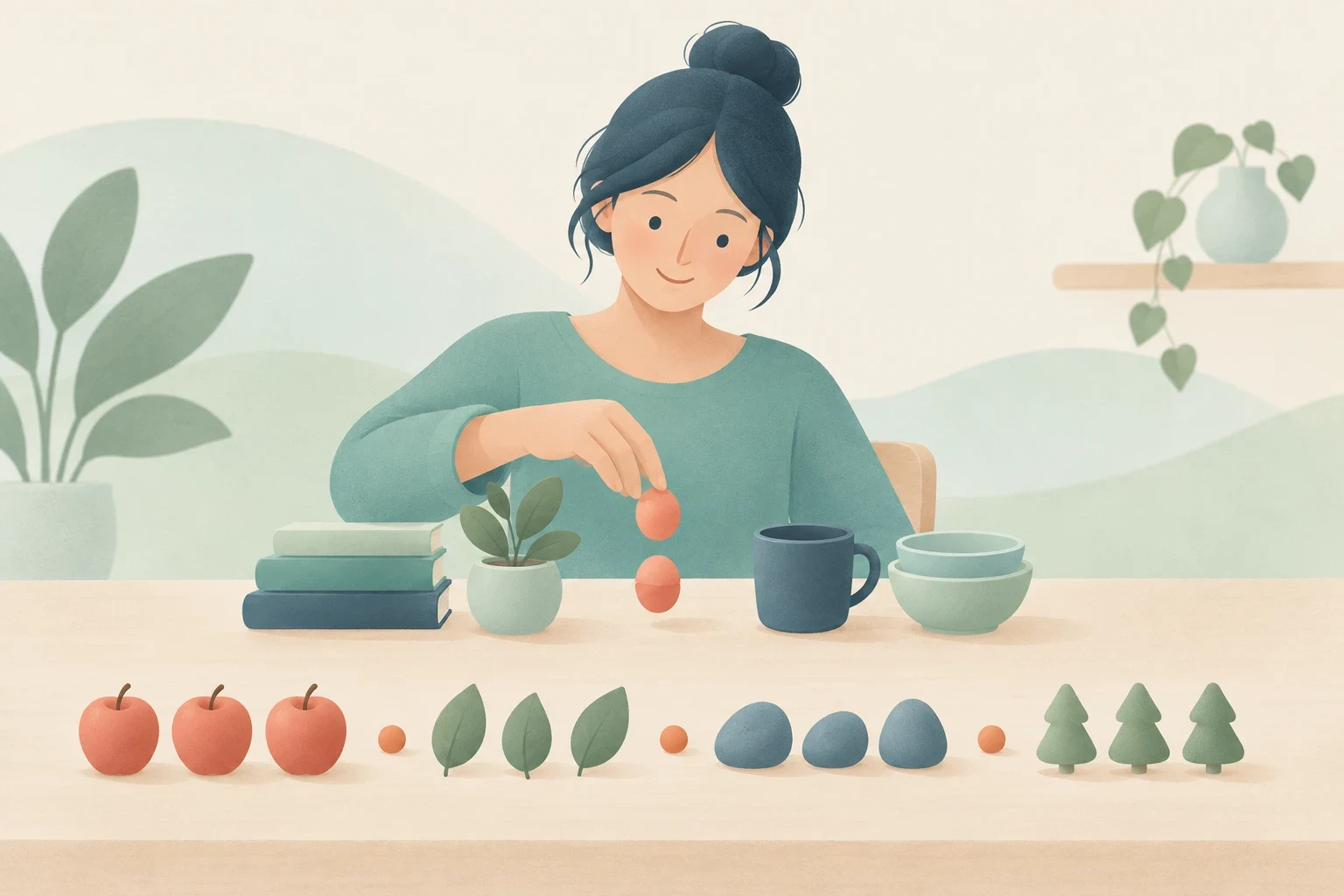 An editorial illustration of a woman arranging items on a table, featuring grouped objects separated by small dots and two stacked markers in her hand.