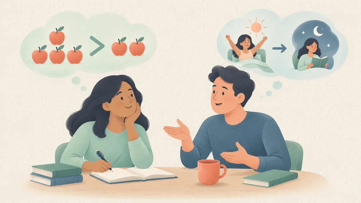 A man and a woman study at a desk, with thought bubbles contrasting quantity comparison of apples with a chronological sequence from morning to night.