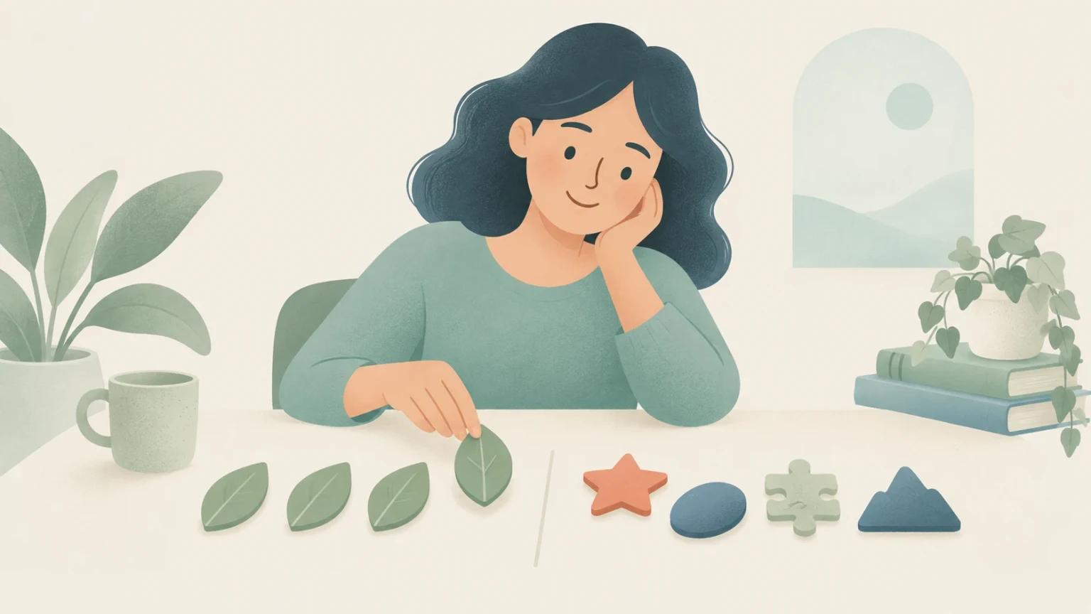 A woman at a table organizes identical leaves on one side and diverse geometric shapes on the other, illustrating regular and irregular patterns.
