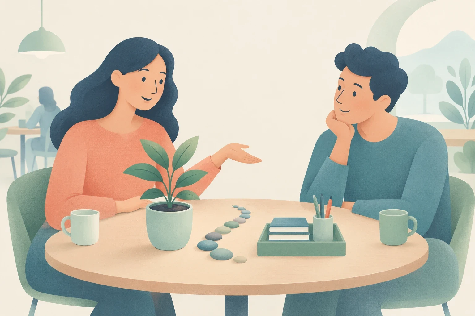 Editorial illustration of a man and a woman sitting at a cafe table having a calm and friendly conversation.