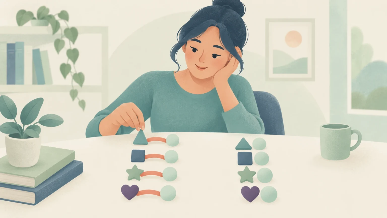 An editorial illustration of a thoughtful woman at a table organizing paired geometric shapes and spheres, comparing connected pairs with unconnected pairs.