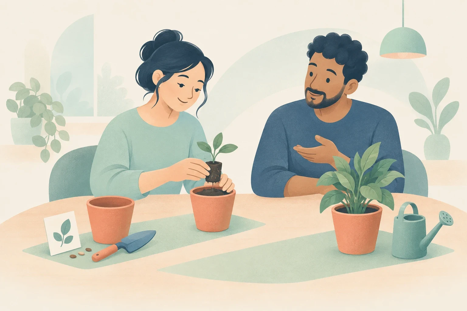 A man and a woman sitting at a table repotting a small plant into a terracotta pot alongside gardening tools.