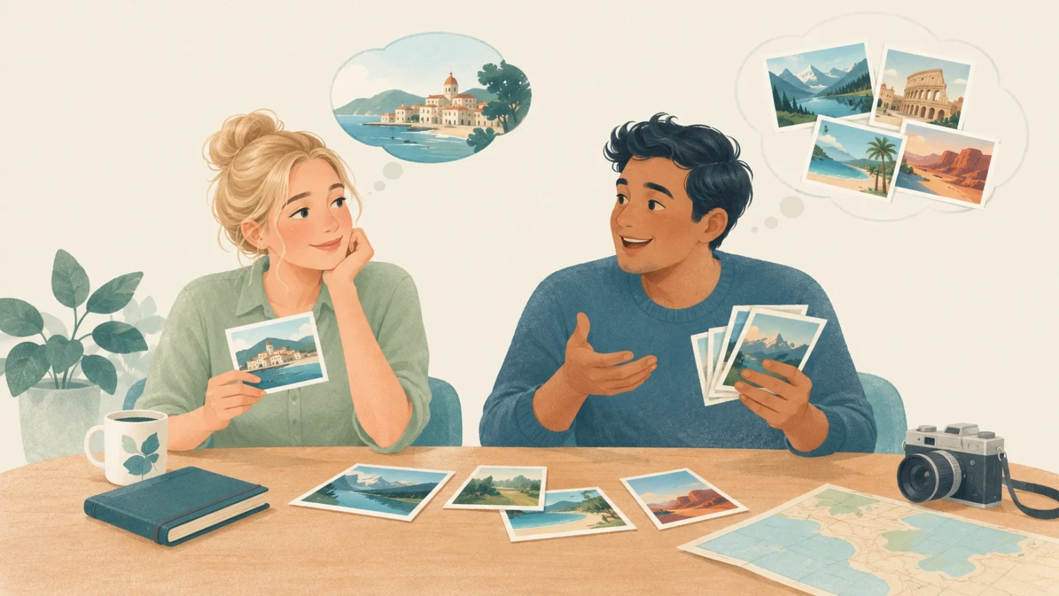 An editorial illustration of a man and a woman sitting at a table with travel photos, discussing places they have visited.
