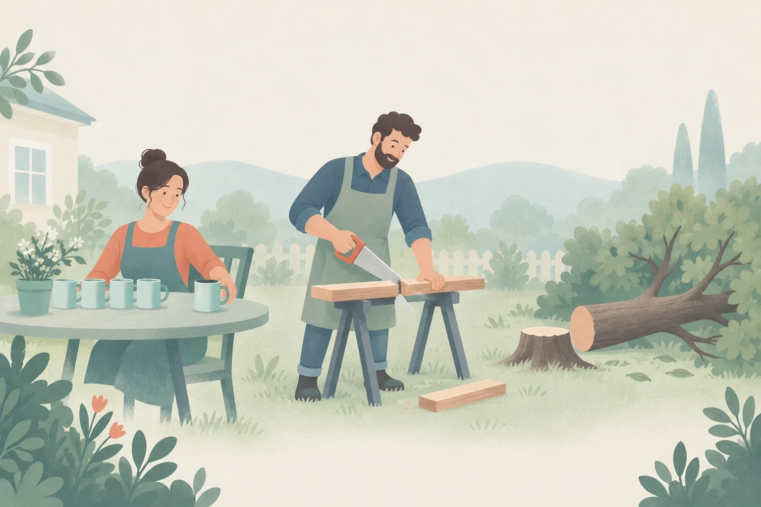 A woman arranges reusable mugs on a garden table while a man saws a wooden plank nearby, beside a tree stump and a felled tree.