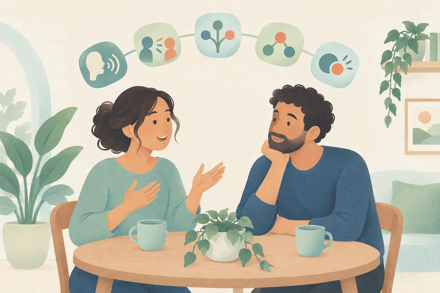 An editorial illustration of a man and woman at a wooden table practicing spoken English, beneath an arc of five icons representing daily speaking exercises.