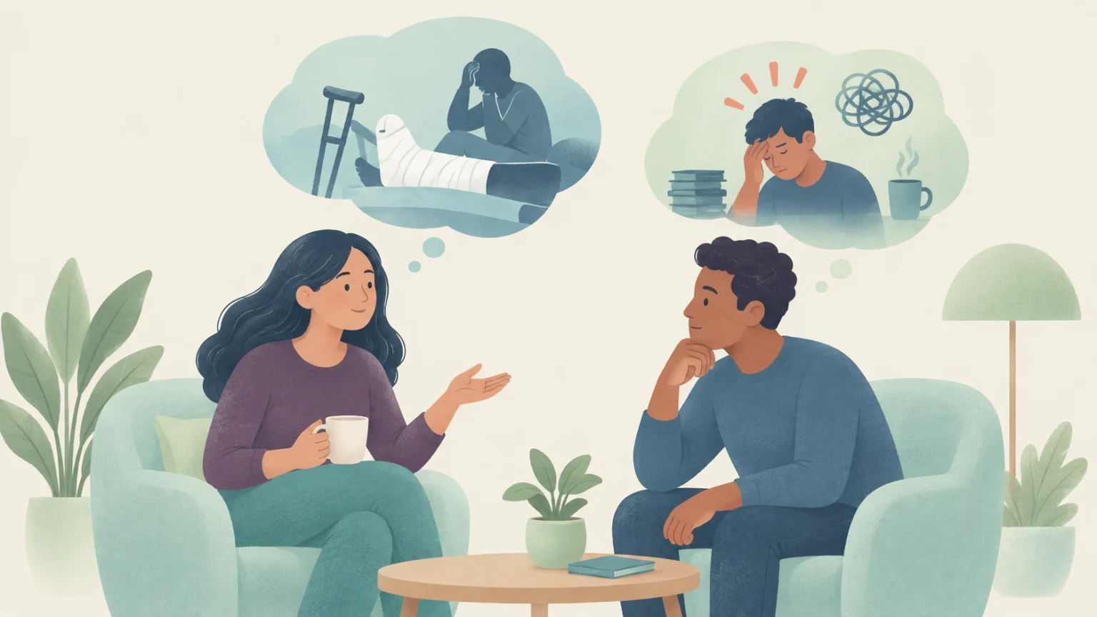 Editorial illustration of a woman and man conversing in armchairs, with thought bubbles contrasting genuine physical and emotional trauma against everyday stress.